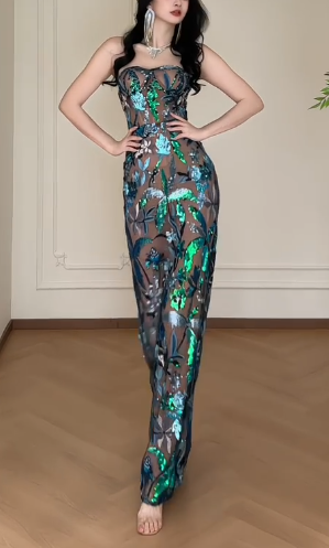 Strapless Floral Sequin Mesh Mermaid Long Evening Gown fg8797