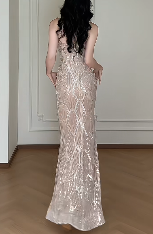 Spaghetti Strap V-Neck Beaded Mermaid Long Evening Gown fg8798