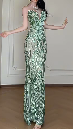 Sweetheart Neck Green Sequin Mesh Mermaid Evening Gown fg8799