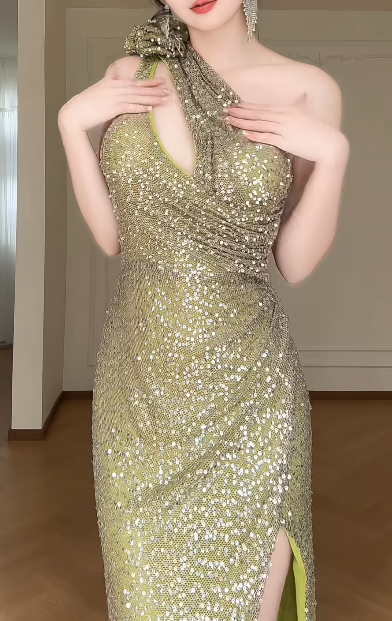 One Shoulder Green Sequin Slit Mermaid Evening Gown fg8800