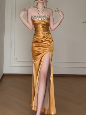 Strapless Gold Satin Beaded Slit Mermaid Evening Gown fg8801