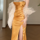 Strapless Gold Satin Beaded Slit Mermaid Evening Gown fg8801