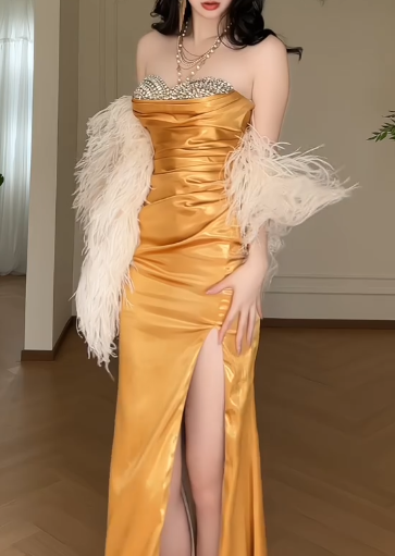 Strapless Gold Satin Beaded Slit Mermaid Evening Gown fg8801