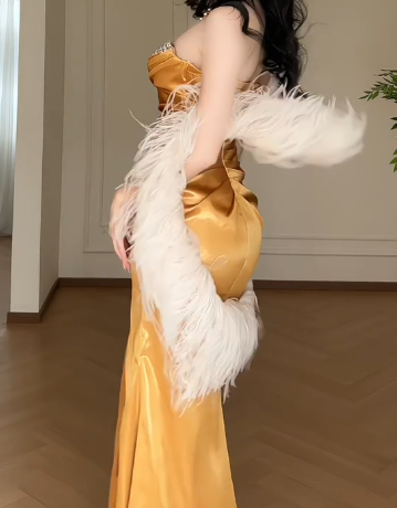 Strapless Gold Satin Beaded Slit Mermaid Evening Gown fg8801