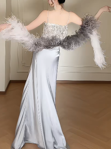 Spaghetti Strap Two Piece Sequin Tassel Satin Mermaid Evening Gown fg8802