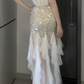 Spaghetti Strap V Neck Beaded Sequin Ruffle Mermaid Evening Dress fg8803