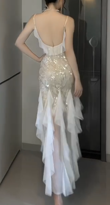 Spaghetti Strap V Neck Beaded Sequin Ruffle Mermaid Evening Dress fg8803