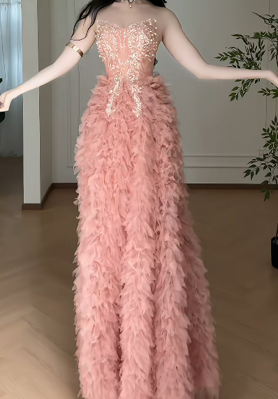 Strapless Sweetheart Beaded Tulle A Line Evening Dress fg8804