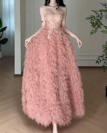 Strapless Sweetheart Beaded Tulle A Line Evening Dress fg8804