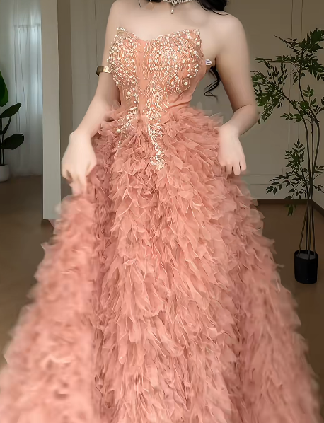 Strapless Sweetheart Beaded Tulle A Line Evening Dress fg8804