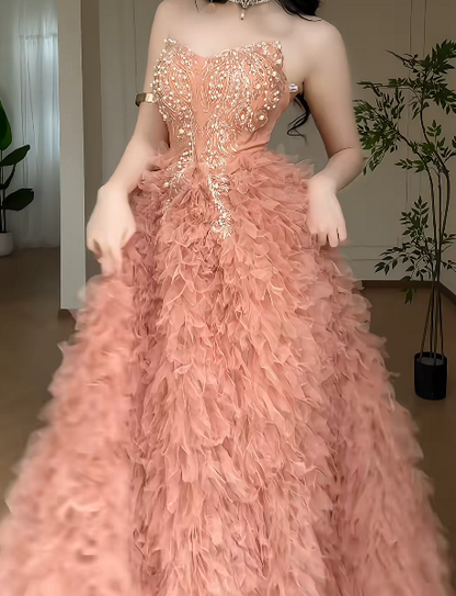 Strapless Sweetheart Beaded Tulle A Line Evening Dress fg8804