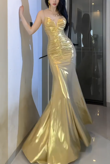 Spaghetti Strap Metallic Ruched Mermaid Evening Dress  fg8790