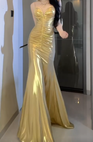 Spaghetti Strap Metallic Ruched Mermaid Evening Dress  fg8790