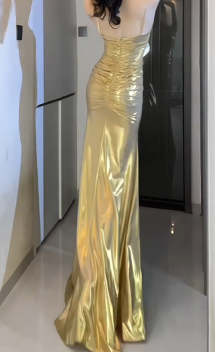 Spaghetti Strap Metallic Ruched Mermaid Evening Dress  fg8790