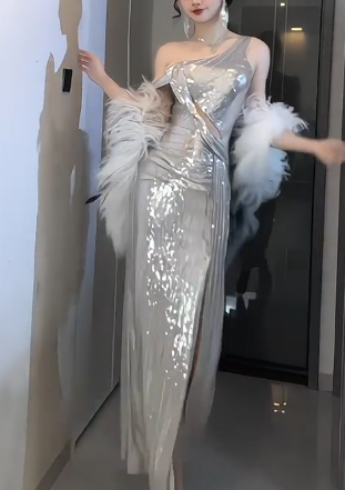 One Shoulder Sequin Slit Mermaid Evening Dress fg8806