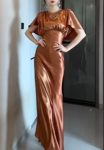 Round Neck Cape Sleeve Satin Mermaid Evening Dress fg8807