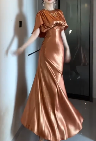 Round Neck Cape Sleeve Satin Mermaid Evening Dress fg8807