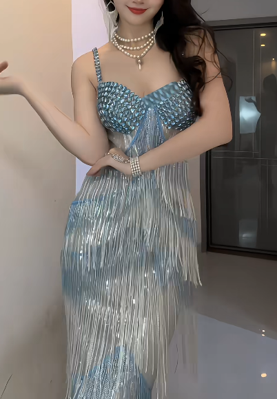 Sweetheart Spaghetti Strap Rhinestone Tassel Mermaid Evening Dress fg8808