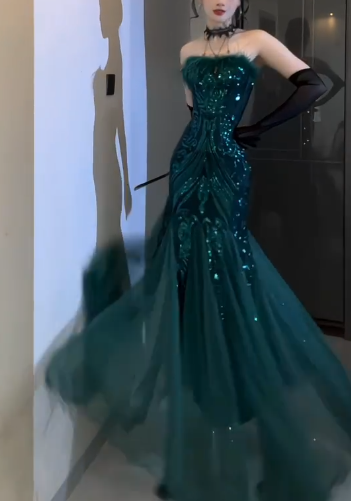 Strapless Feather Sequin Mermaid Evening Dress fg8810