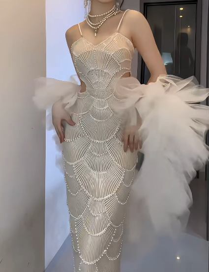 Spaghetti Strap Beaded Cutout Mermaid Evening Dress With Detachable Tulle Puff Sleeves  fg8811