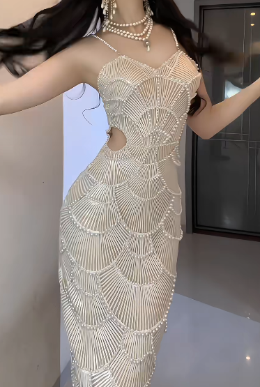 Spaghetti Strap Beaded Cutout Mermaid Evening Dress With Detachable Tulle Puff Sleeves  fg8811