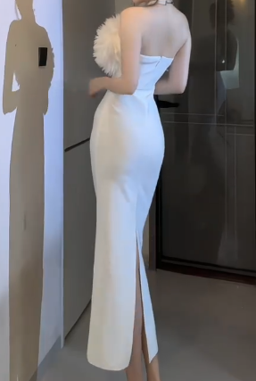 Strapless Feather Midi Split Bodycon Evening Dress fg8812