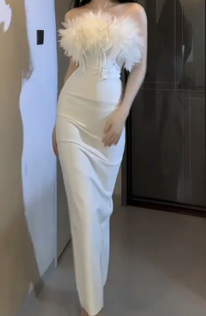 Strapless Feather Midi Split Bodycon Evening Dress fg8812