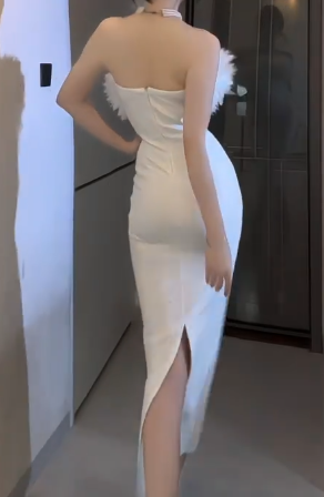 Strapless Feather Midi Split Bodycon Evening Dress fg8812