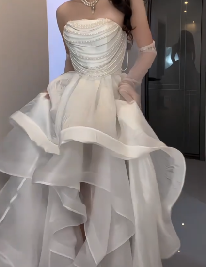 Strapless Ruffled High Low Evening Gown  fg8814