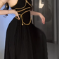 Halter Gold Chain Decor Pleated Chiffon Evening Gown  fg8815