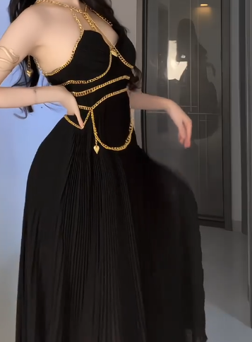Halter Gold Chain Decor Pleated Chiffon Evening Gown  fg8815