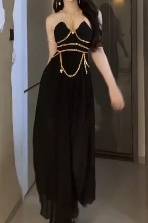 Halter Gold Chain Decor Pleated Chiffon Evening Gown  fg8815