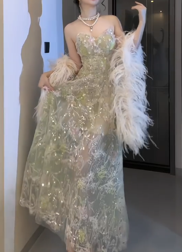 Sweetheart Strapless 3D Floral Tulle Evening Gown With Feather Shawl  fg8817