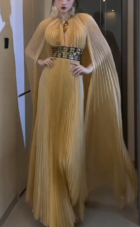 Halter Keyhole Pleated Chiffon Evening Gown With Cape Sleeves fg8813