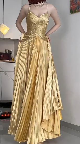 Sweetheart Spaghetti Strap Pleated Satin Evening Gown With Beading  fg8816