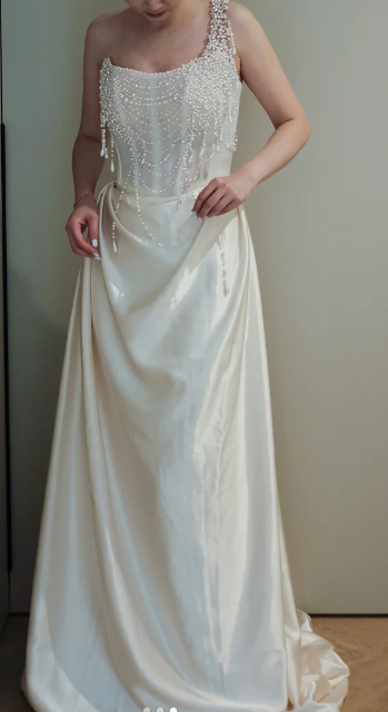 One Shoulder Pearl Tassel Satin Wedding Evening Gown fg8821