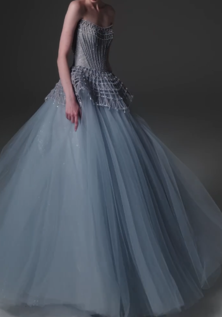 Strapless Beaded Corset Tulle Ball Gown Evening Dress fg8822