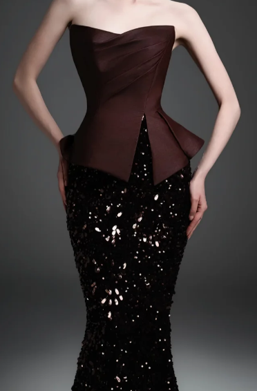 Strapless Sweetheart Satin Peplum Sequin Mermaid Evening Gown fg8820