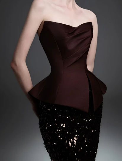 Strapless Sweetheart Satin Peplum Sequin Mermaid Evening Gown fg8820