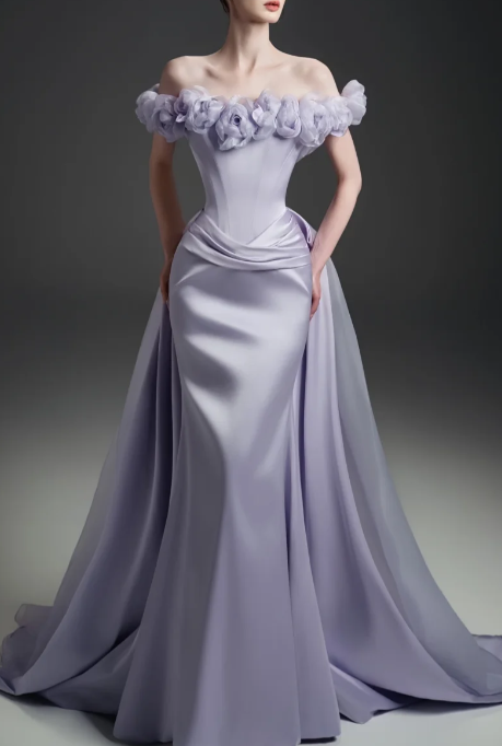 Off Shoulder 3D Floral Satin Mermaid Evening Gown With Detachable Train fg8823