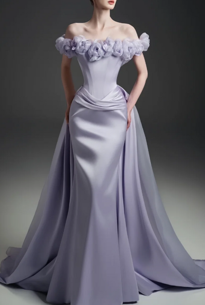 Off Shoulder 3D Floral Satin Mermaid Evening Gown With Detachable Train fg8823