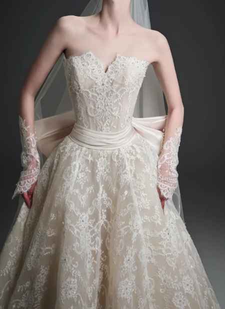 Strapless Sweetheart Lace Ball Gown Wedding Dress With Big Bow fg8824
