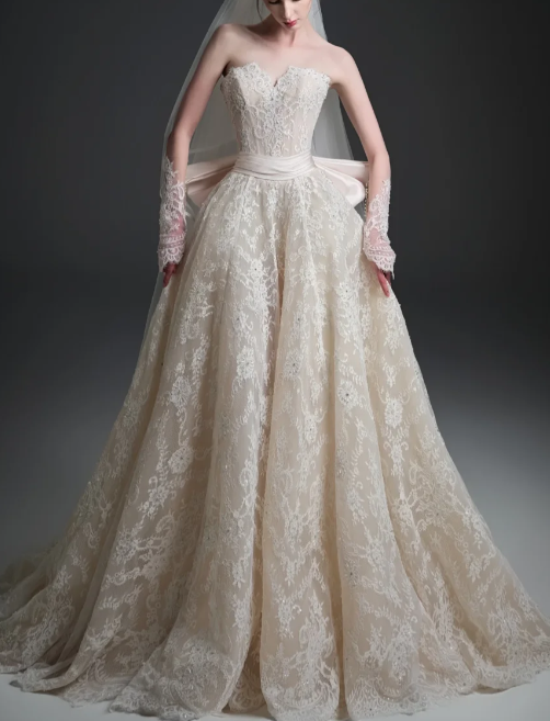 Strapless Sweetheart Lace Ball Gown Wedding Dress With Big Bow fg8824