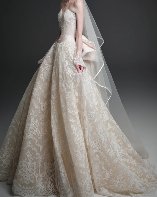 Strapless Sweetheart Lace Ball Gown Wedding Dress With Big Bow fg8824