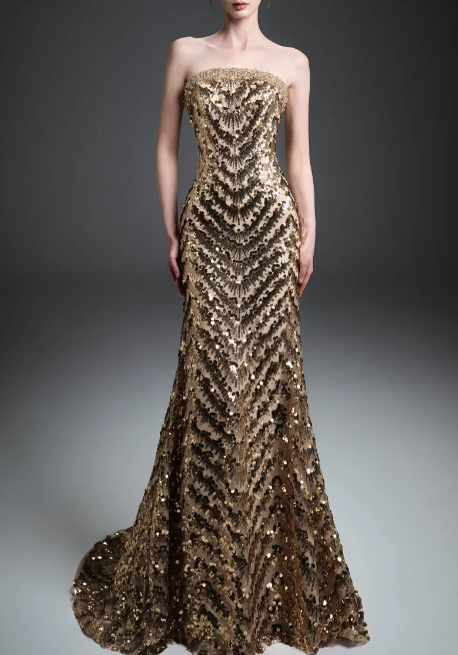 Strapless Chevron Sequin Mermaid Evening Gown fg8825