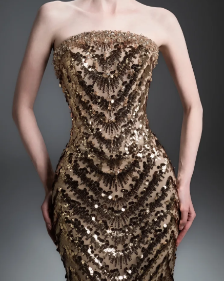 Strapless Chevron Sequin Mermaid Evening Gown fg8825