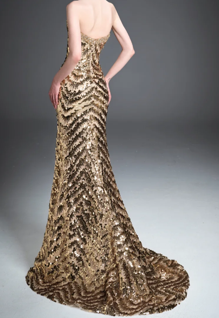 Strapless Chevron Sequin Mermaid Evening Gown fg8825