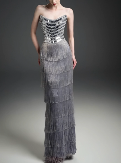 Sweetheart Strapless Tiered Fringe Evening Gown fg8826