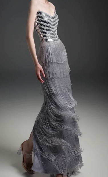 Sweetheart Strapless Tiered Fringe Evening Gown fg8826
