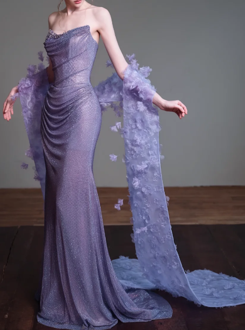 Strapless Draped Glitter Mermaid Evening Gown With 3D Floral Train fg8829
